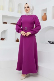 Kemerli Kiloş Elbise - Mor