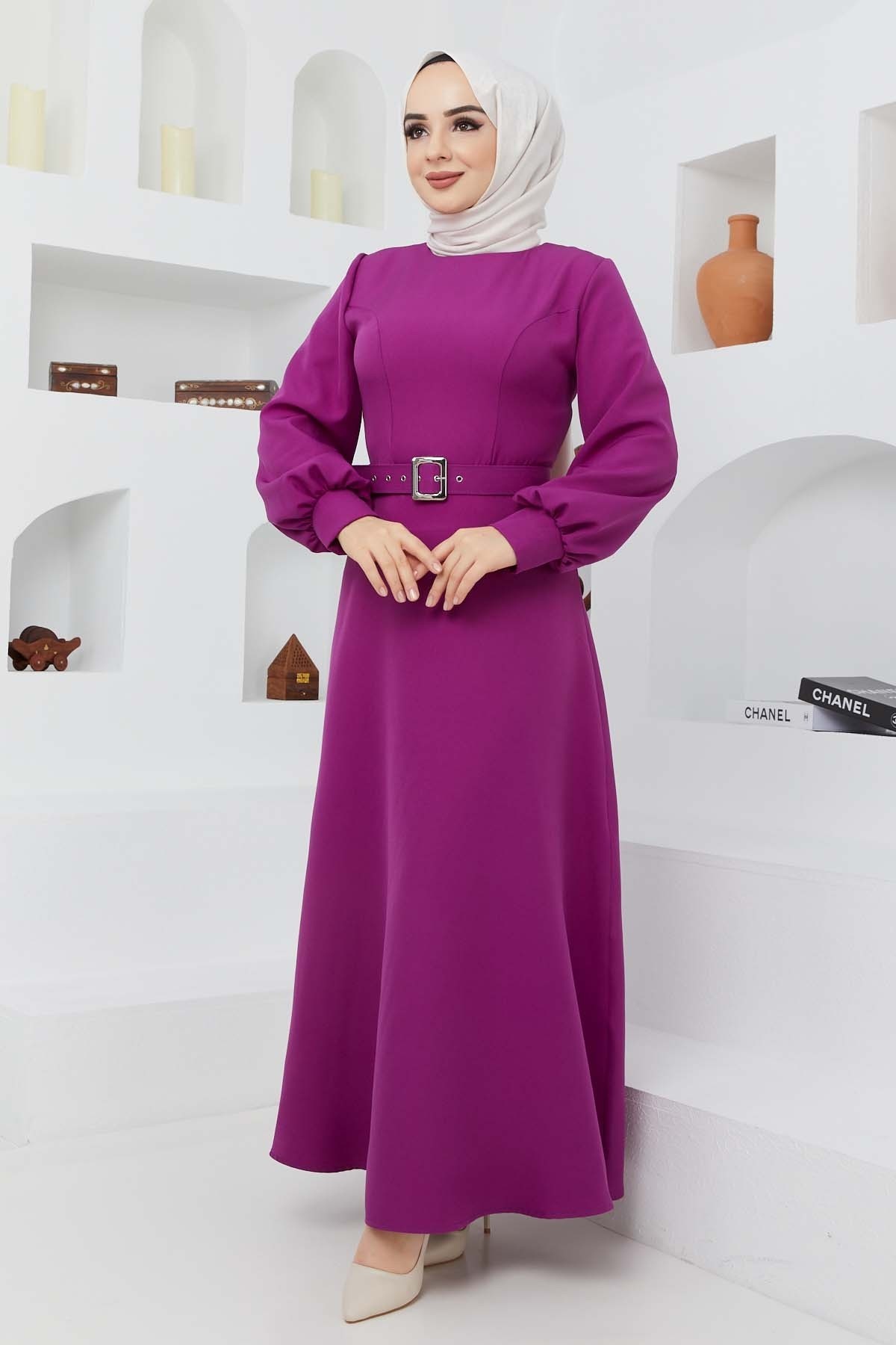 Kemerli Kiloş Elbise - Mor