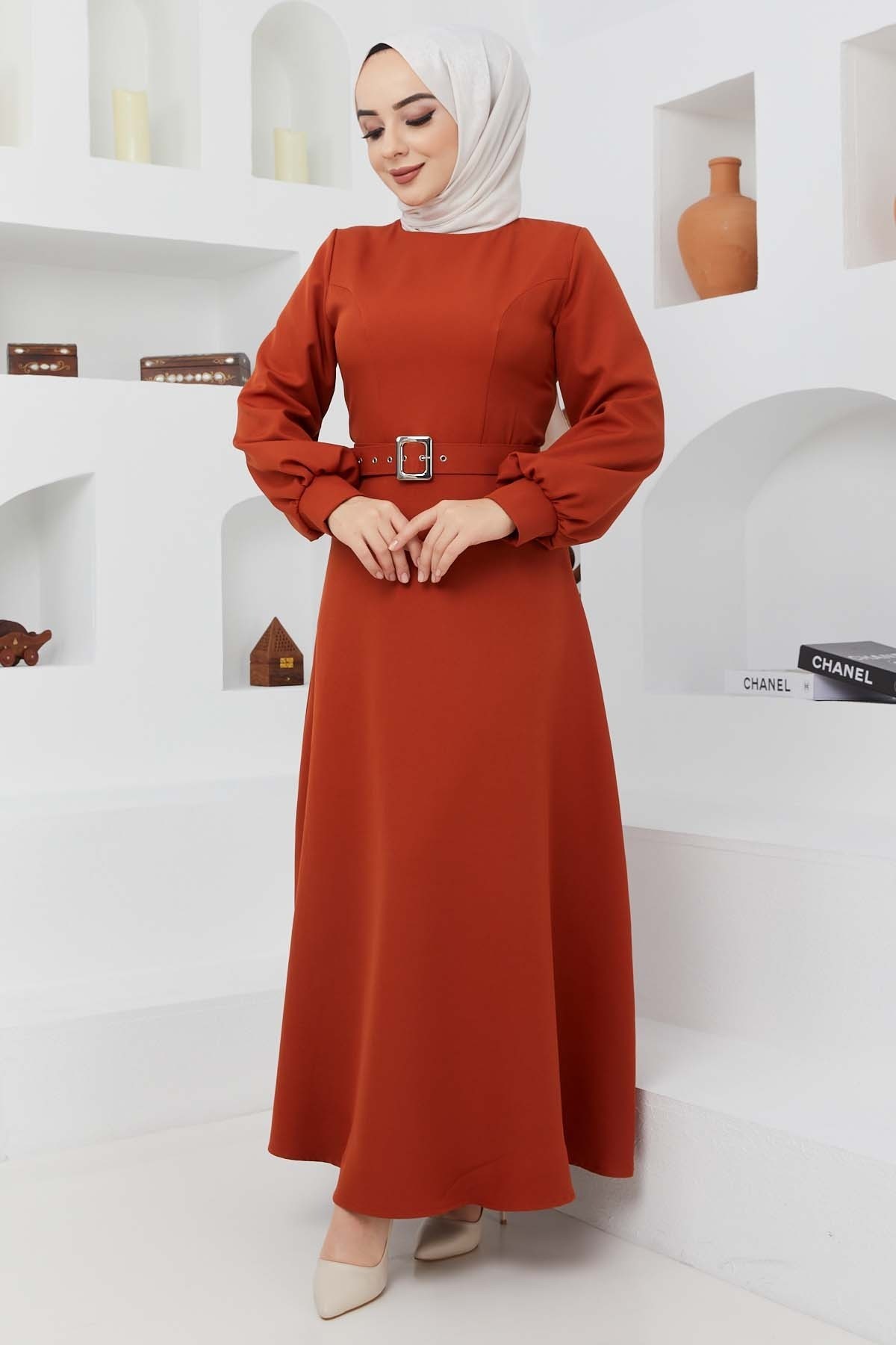 Kemerli Kiloş Elbise - Koyu Kiremit