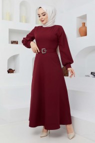 Kemerli Kiloş Elbise - Bordo