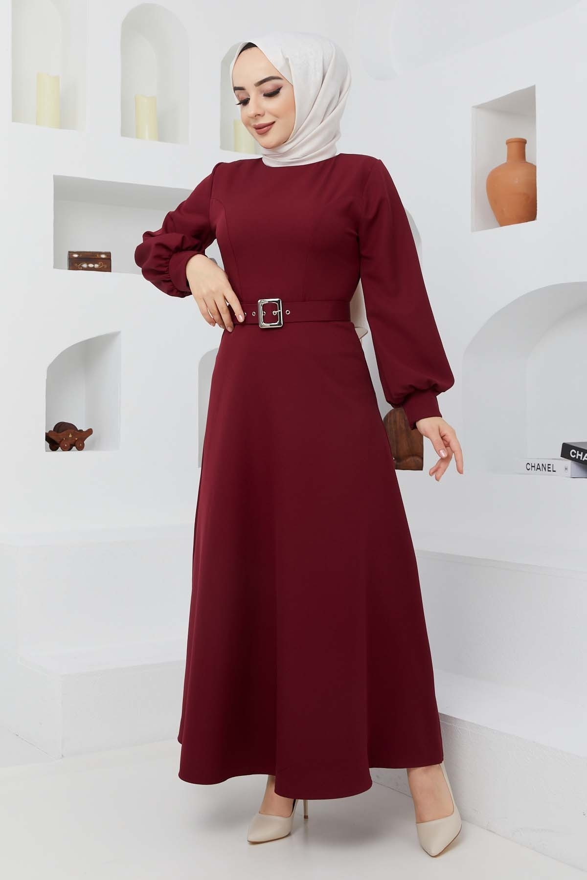 Kemerli Kiloş Elbise - Bordo