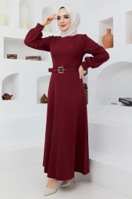 Kemerli Kiloş Elbise - Bordo