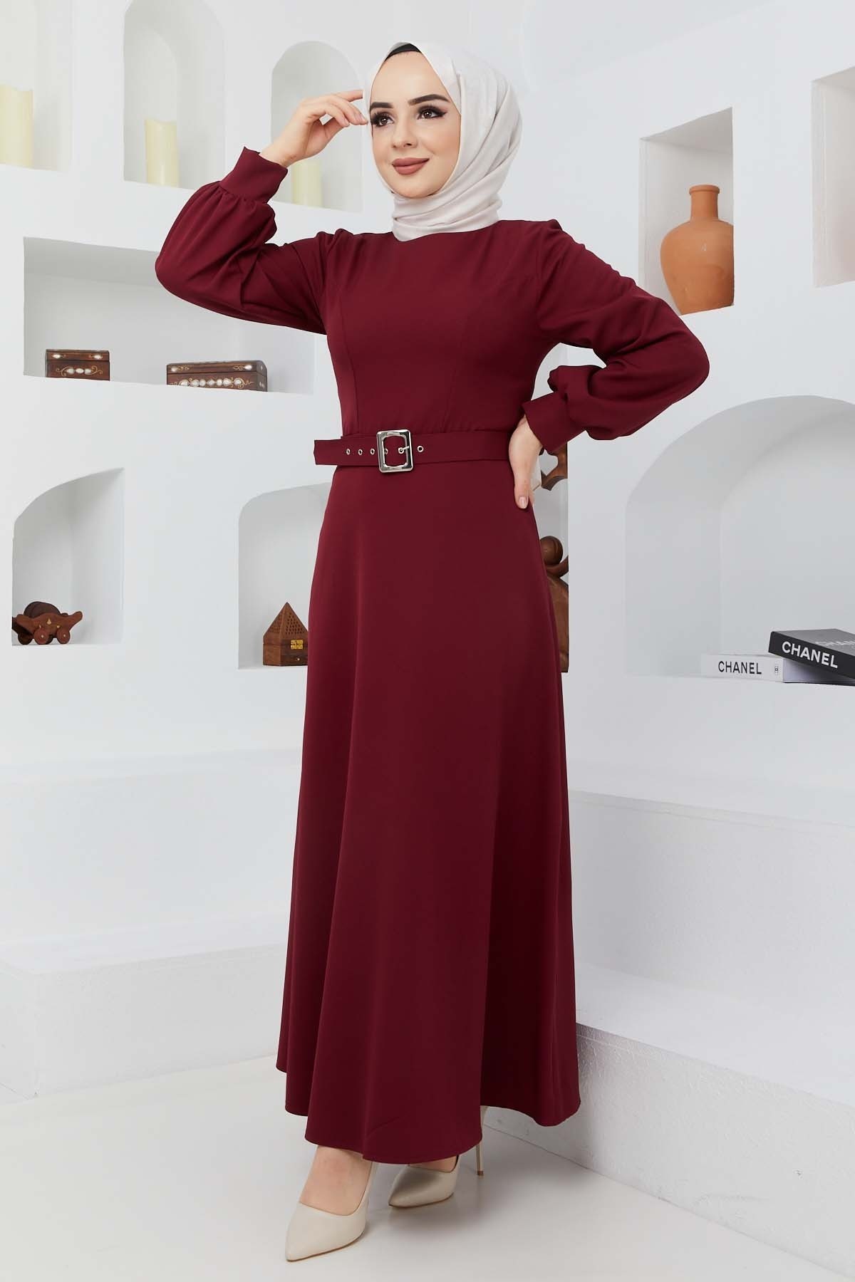 Kemerli Kiloş Elbise - Bordo