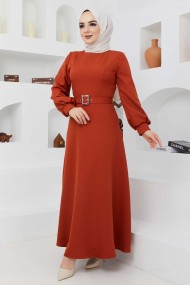 Kemerli Kiloş Elbise - Koyu Kiremit