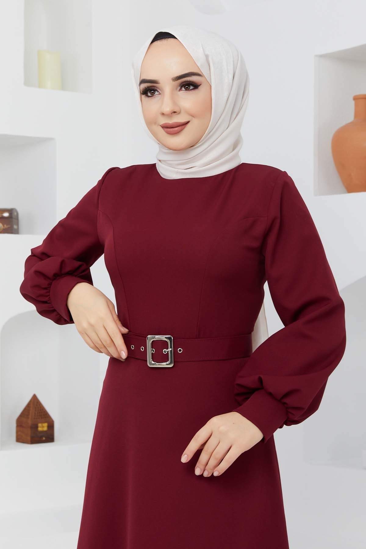 Kemerli Kiloş Elbise - Bordo