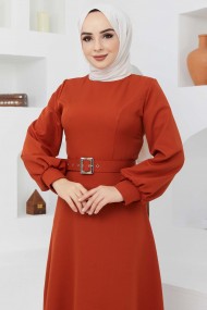 Kemerli Kiloş Elbise - Koyu Kiremit