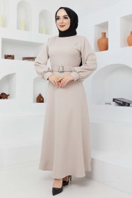 Kemerli Kiloş Elbise - Taş