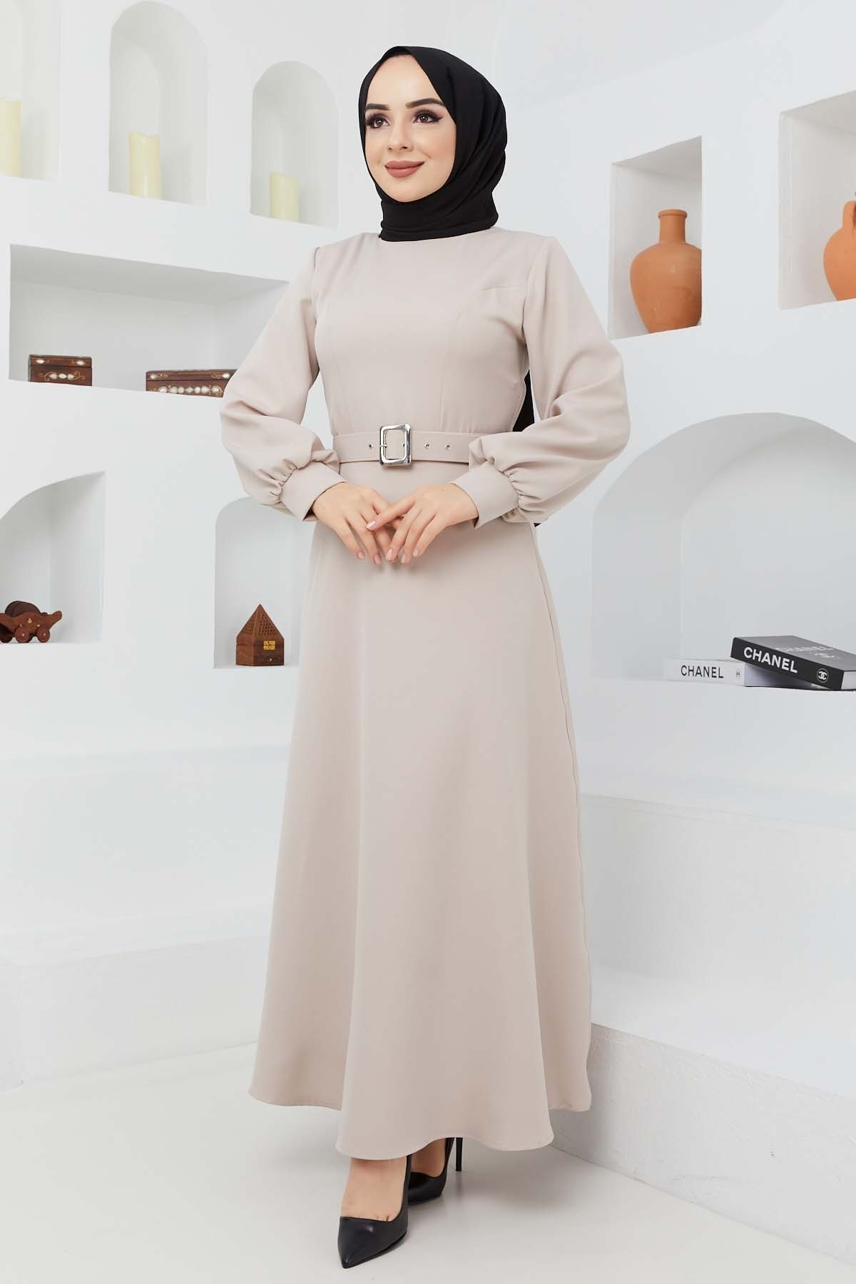 Kemerli Kiloş Elbise - Taş