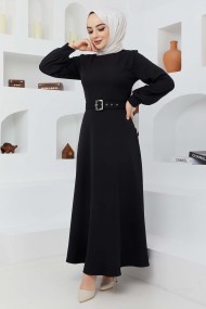 Kemerli Kiloş Elbise - Siyah