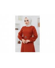 Kemerli Kiloş Elbise - Koyu Kiremit