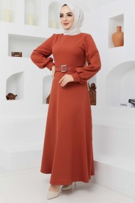 Kemerli Kiloş Elbise - Açık Kiremit