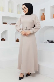 Kemerli Kiloş Elbise - Taş