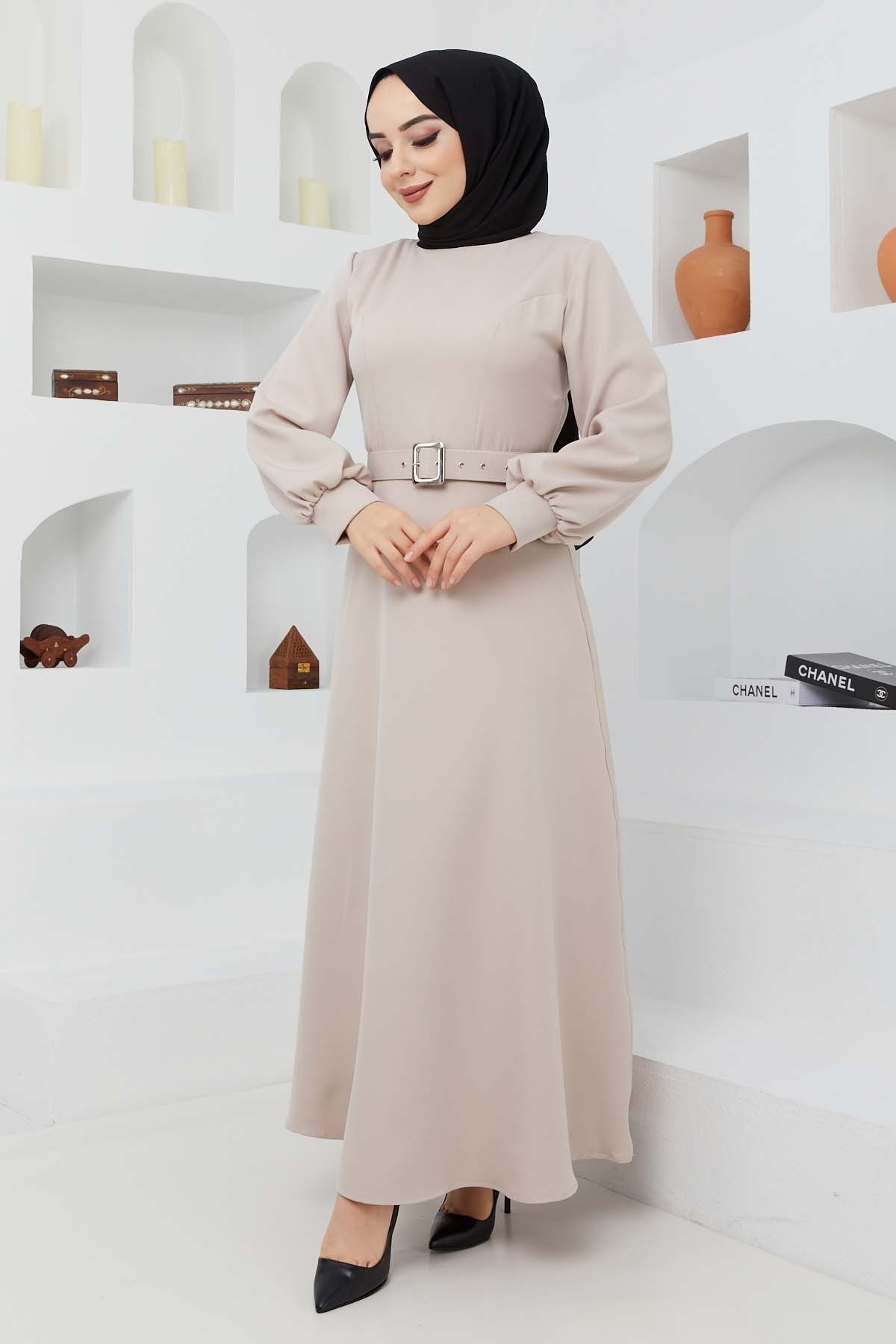 Kemerli Kiloş Elbise - Taş