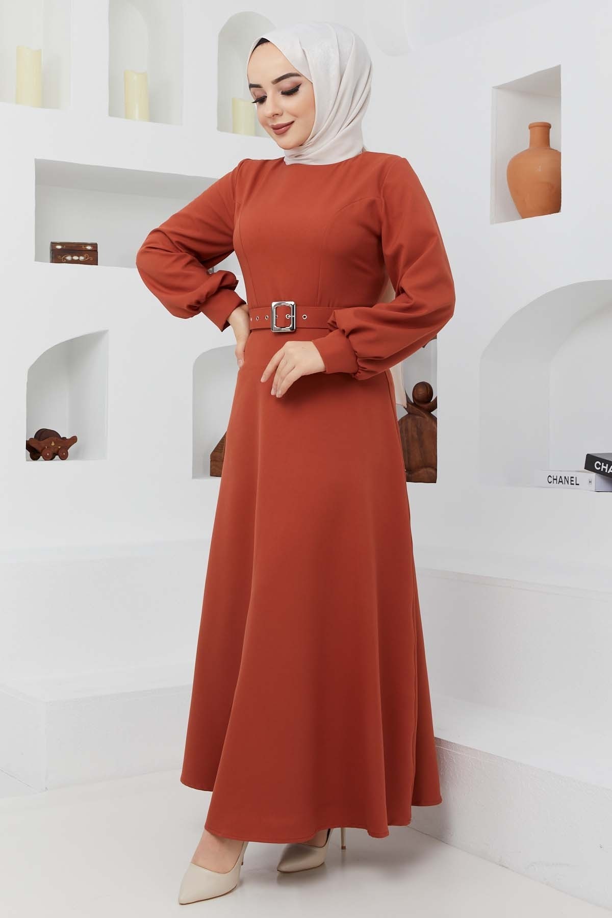 Kemerli Kiloş Elbise - Açık Kiremit