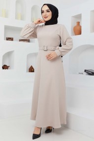 Kemerli Kiloş Elbise - Taş