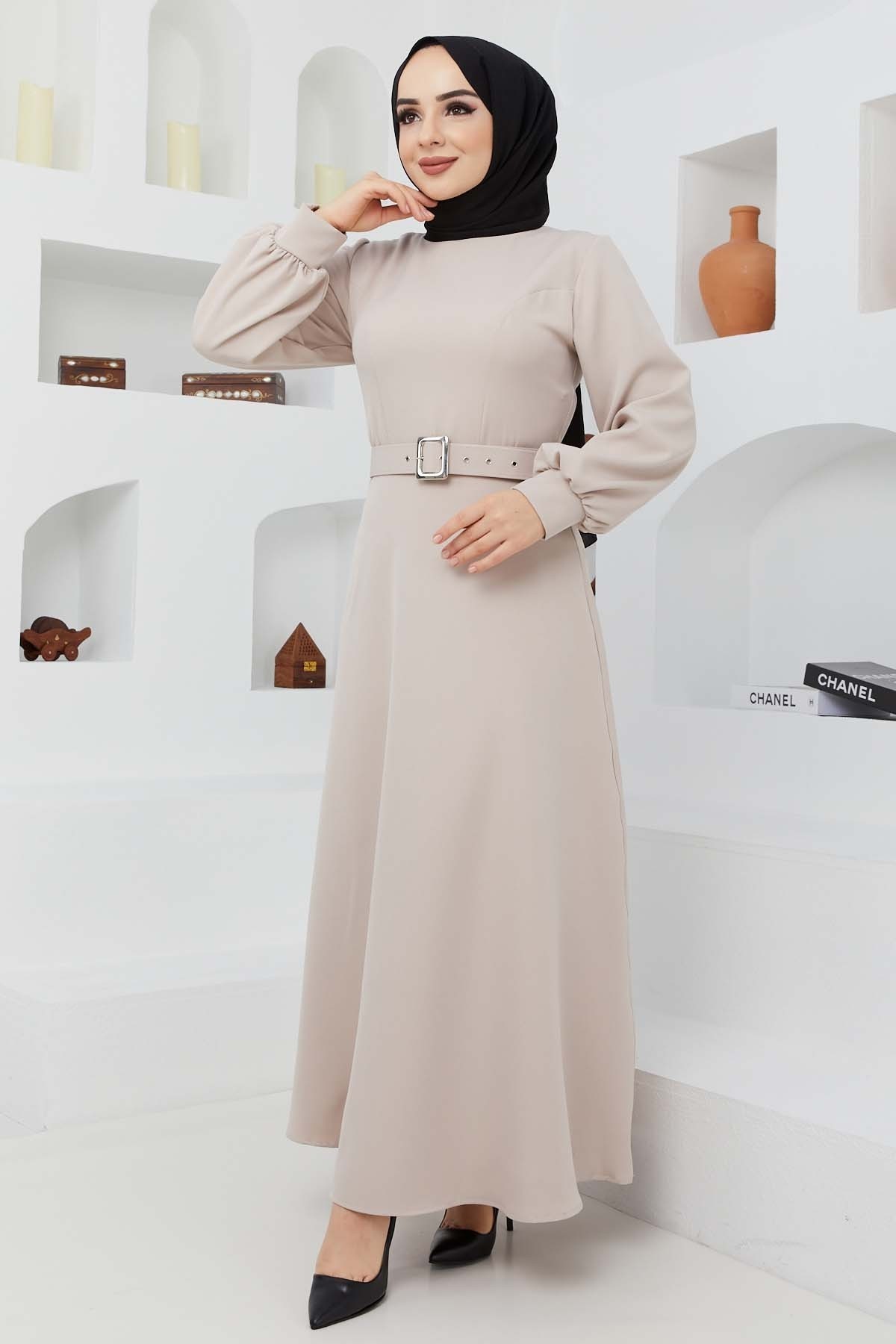 Kemerli Kiloş Elbise - Taş