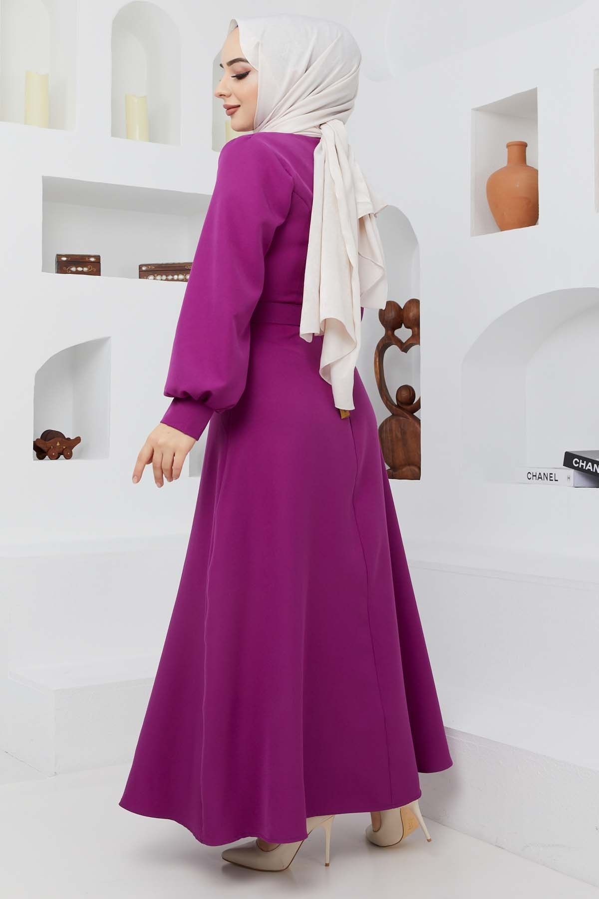 Kemerli Kiloş Elbise - Mor