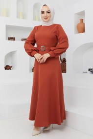 Kemerli Kiloş Elbise - Açık Kiremit