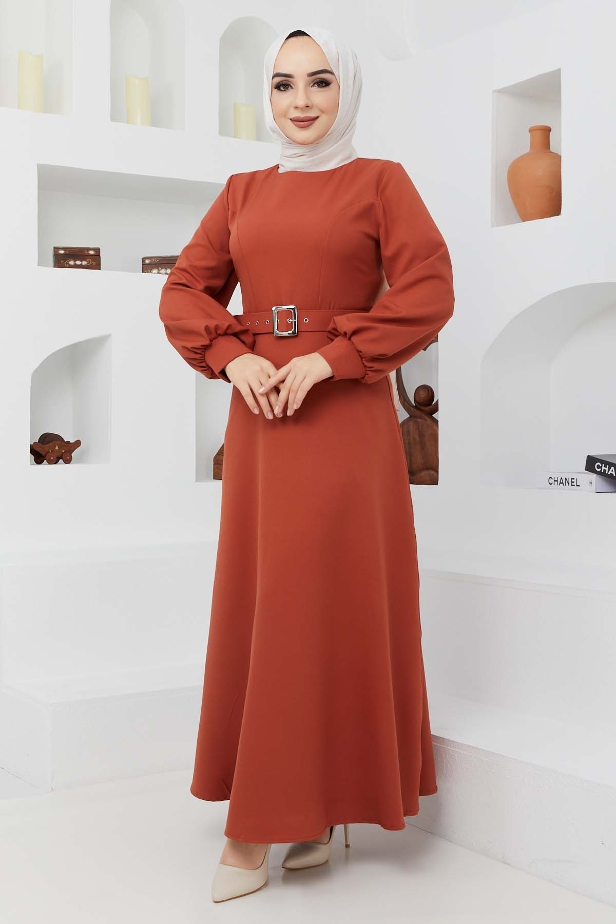 Kemerli Kiloş Elbise - Açık Kiremit