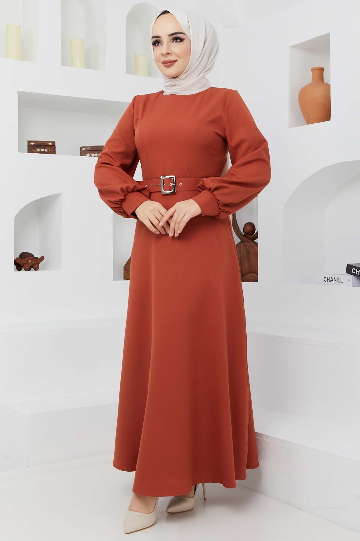 Kemerli Kiloş Elbise - Açık Kiremit