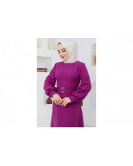 Kemerli Kiloş Elbise - Mor