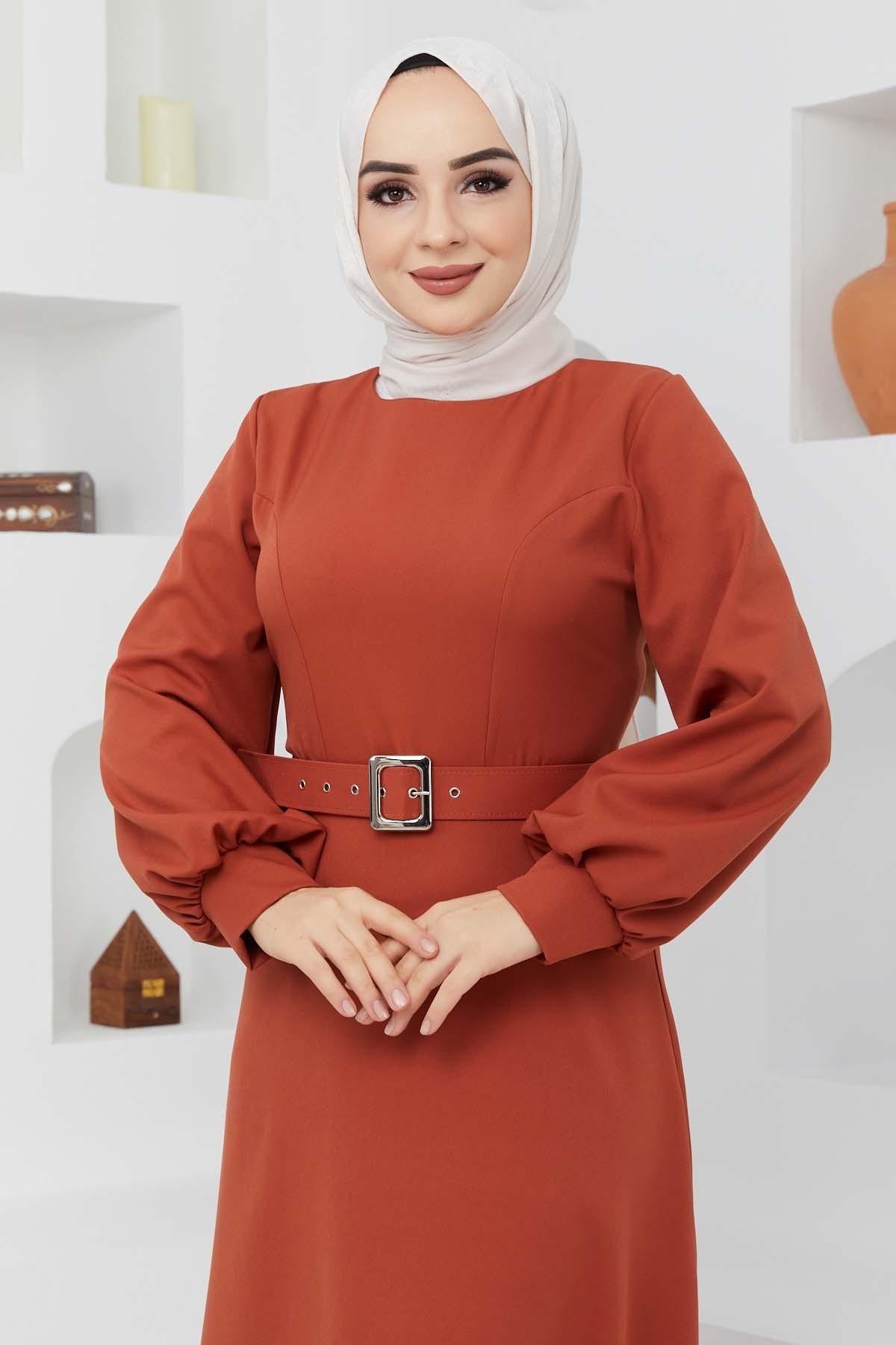 Kemerli Kiloş Elbise - Açık Kiremit