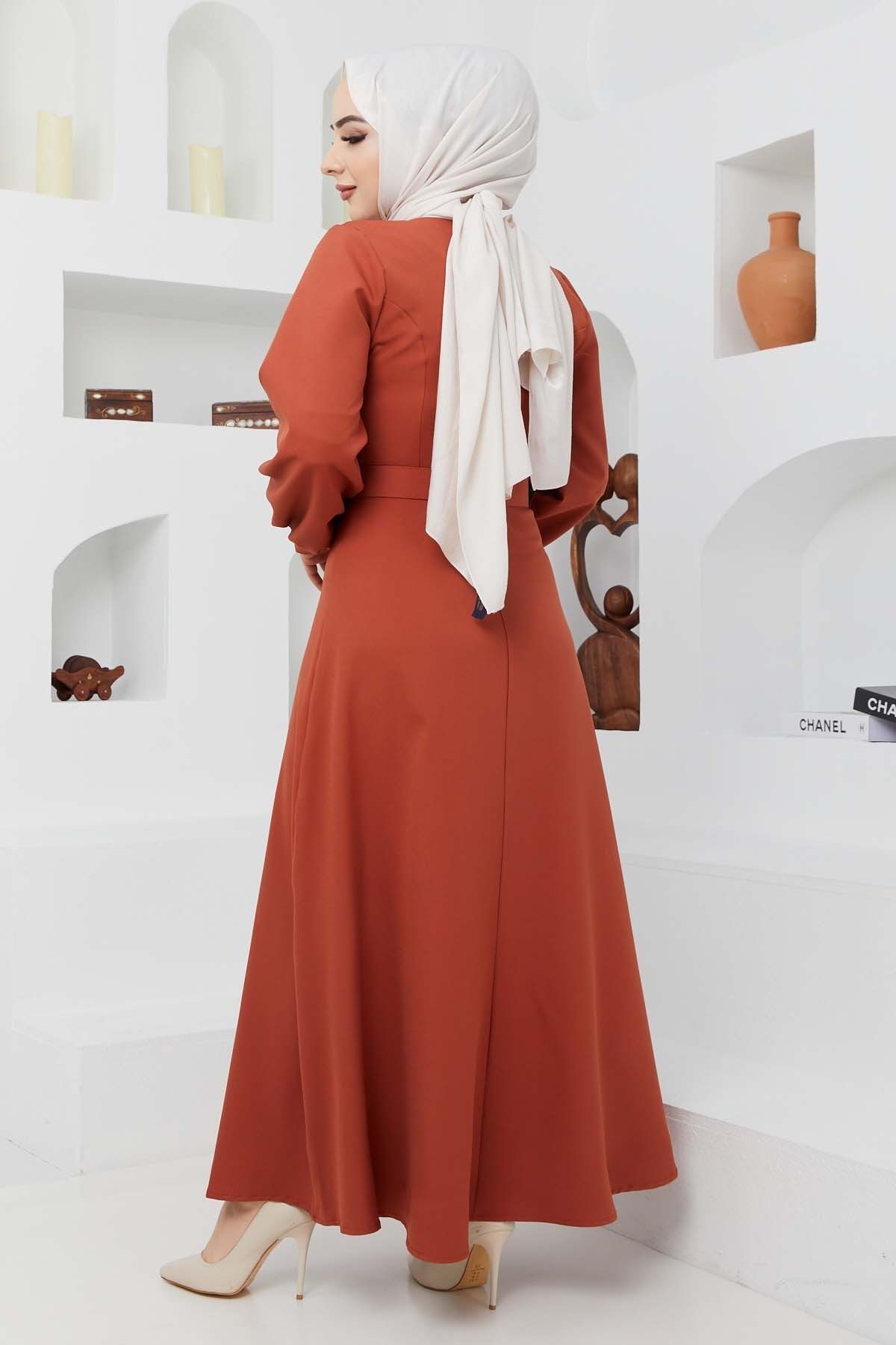 Kemerli Kiloş Elbise - Açık Kiremit