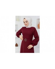 Kemerli Kiloş Elbise - Bordo