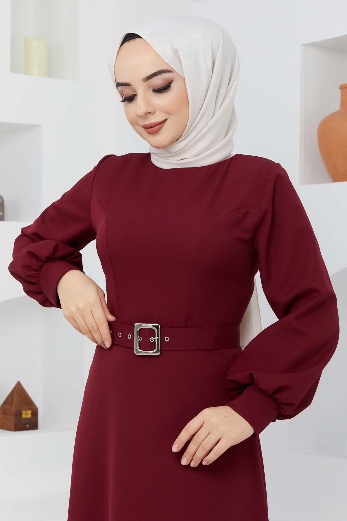 Kemerli Kiloş Elbise - Bordo