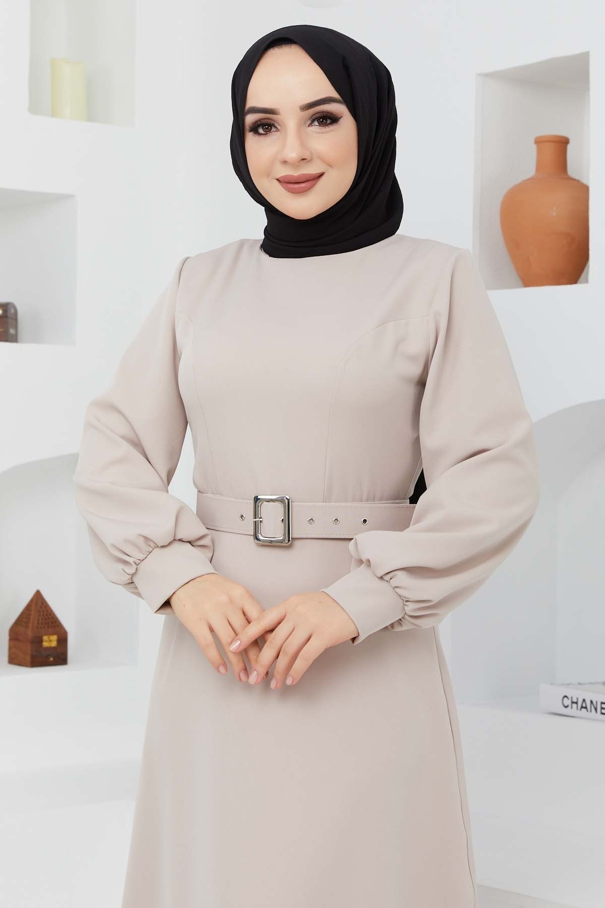 Kemerli Kiloş Elbise - Taş