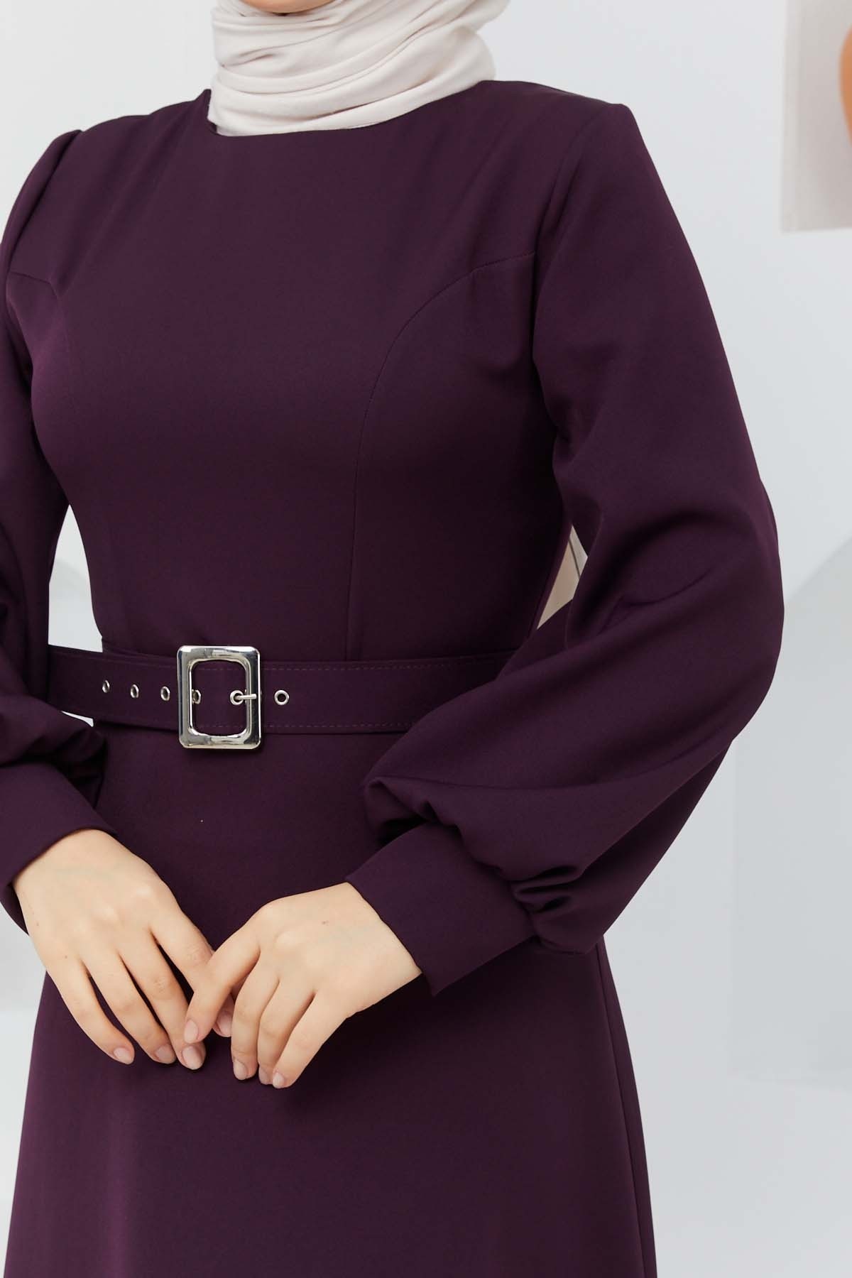 Kemerli Kiloş Elbise - Mürdüm