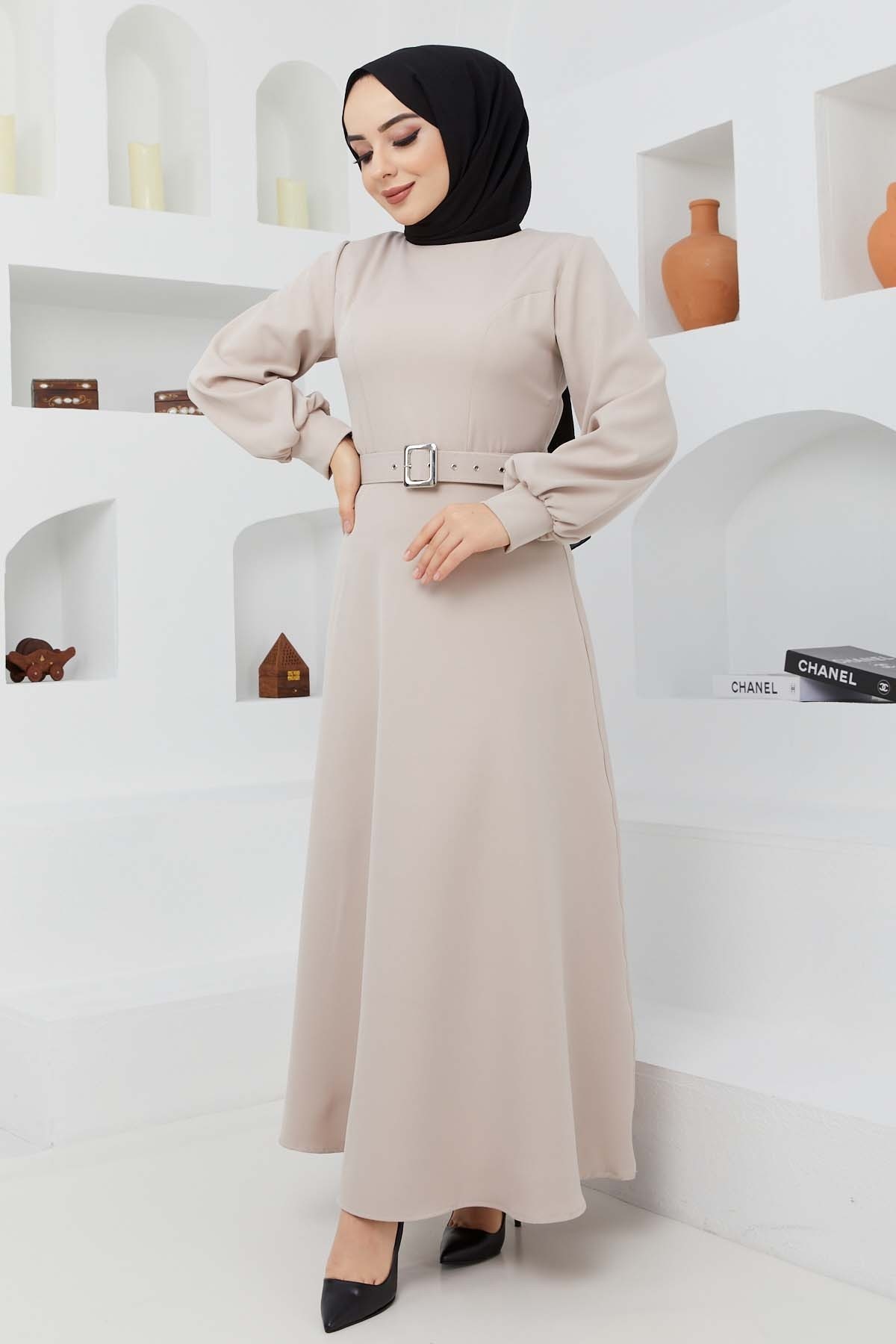 Kemerli Kiloş Elbise - Taş