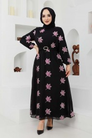 Yaprak Sifon Elbise - Fuşya