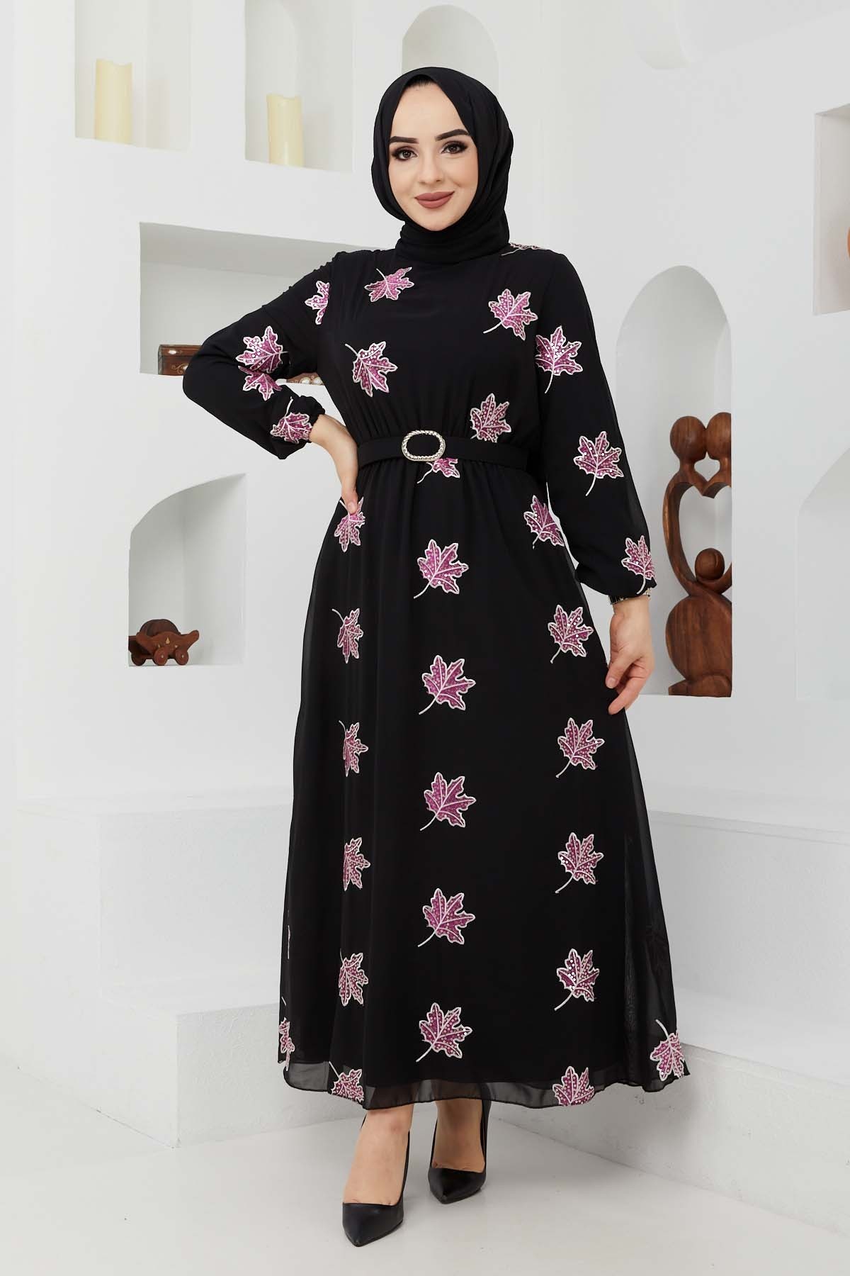 Yaprak Sifon Elbise - Fuşya