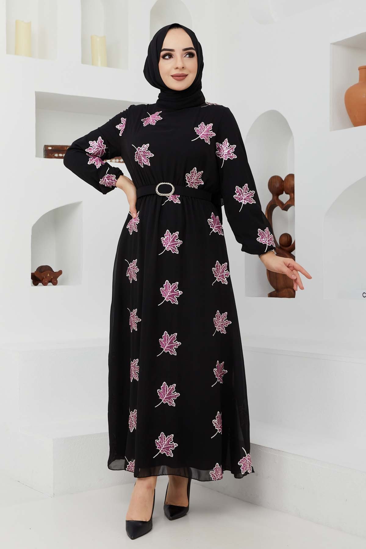 Yaprak Sifon Elbise - Fuşya