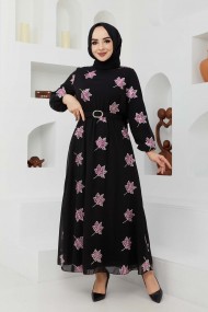 Yaprak Sifon Elbise - Fuşya