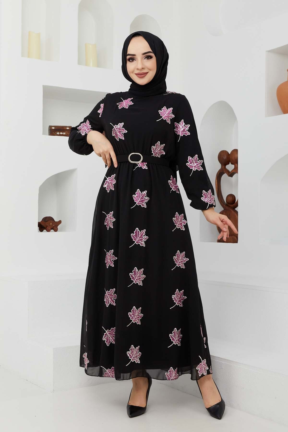 Yaprak Sifon Elbise - Fuşya