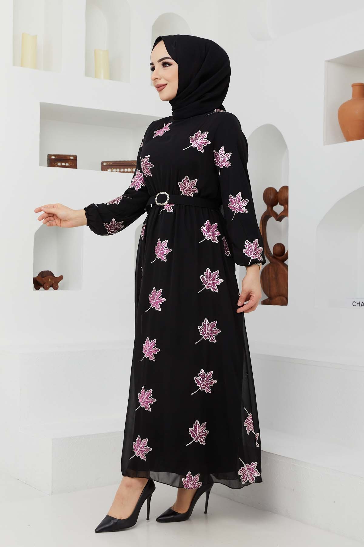 Yaprak Sifon Elbise - Fuşya