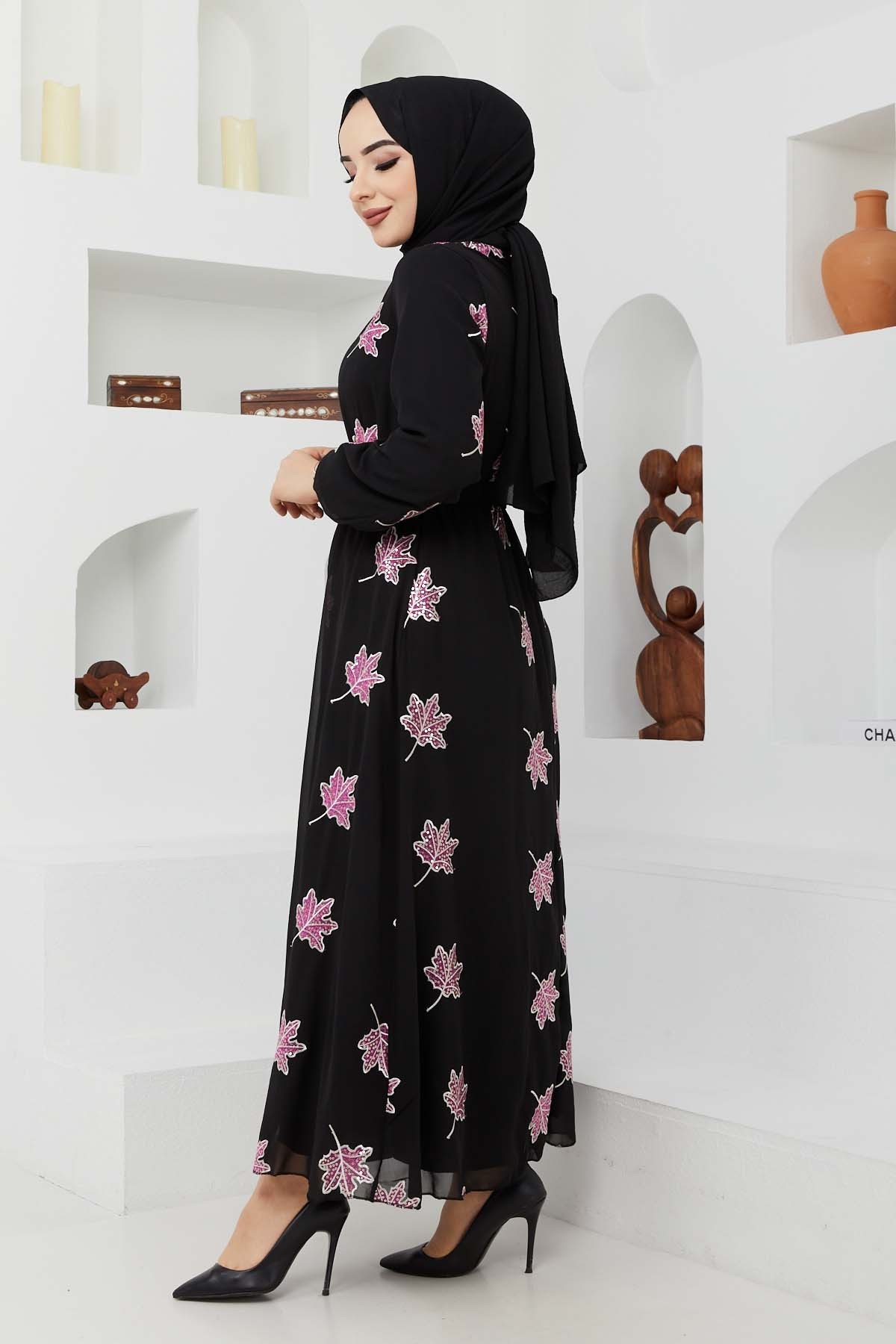 Yaprak Sifon Elbise - Fuşya