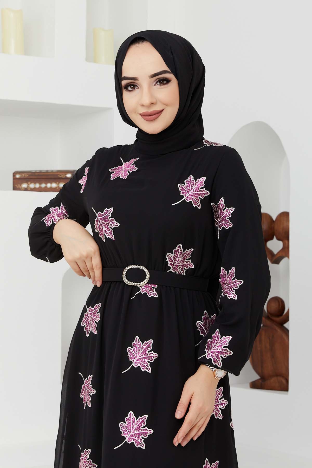 Yaprak Sifon Elbise - Fuşya