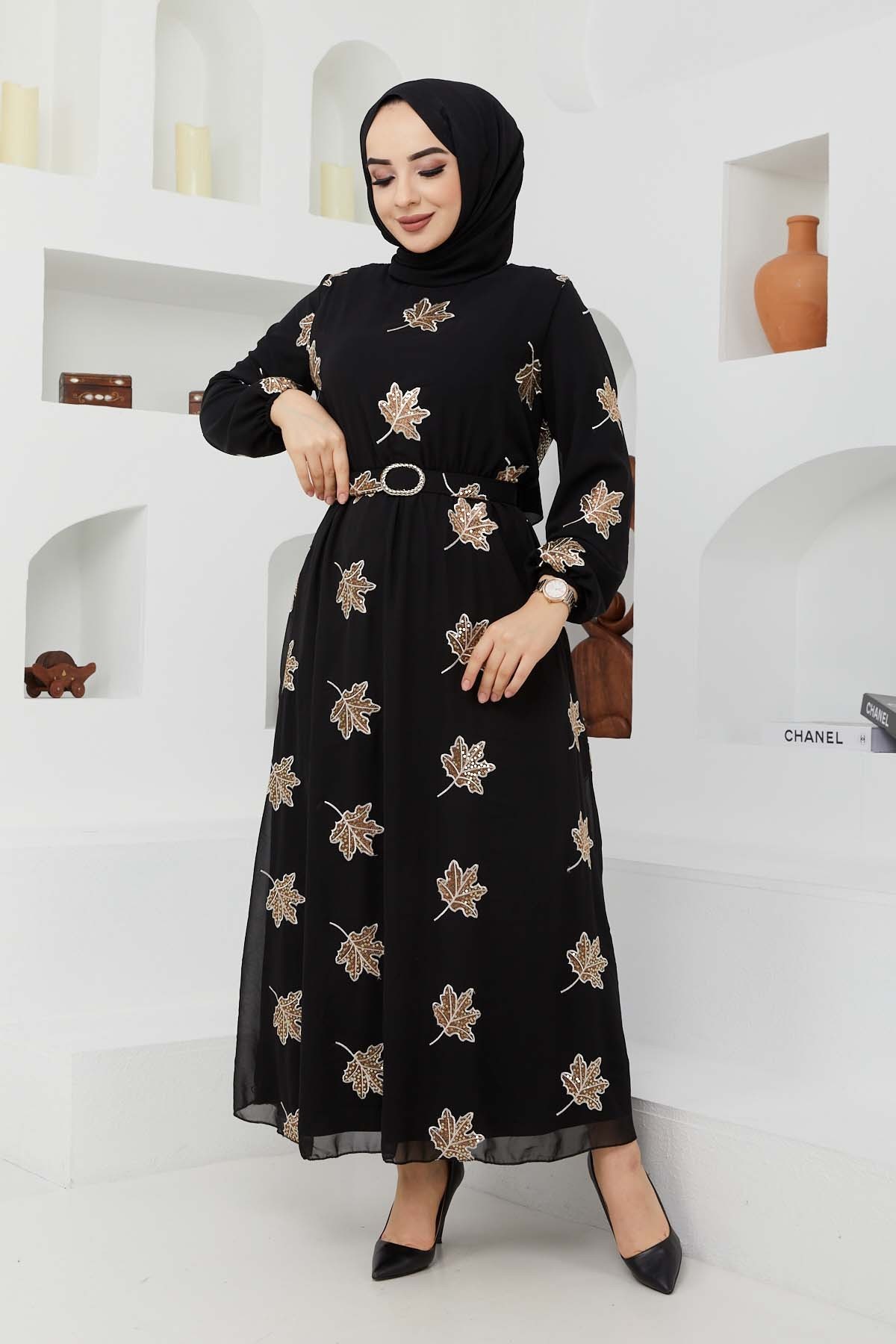 Yaprak Sifon Elbise - Kahve