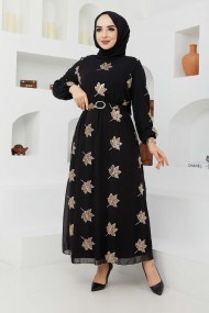 Yaprak Sifon Elbise - Kahve