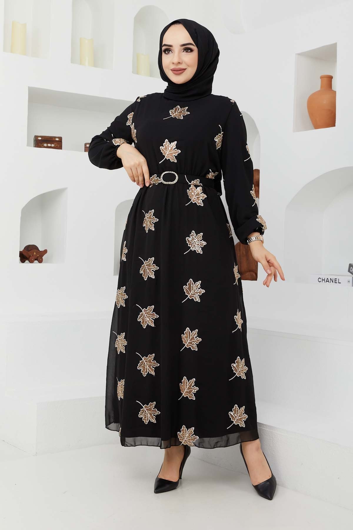 Yaprak Sifon Elbise - Kahve