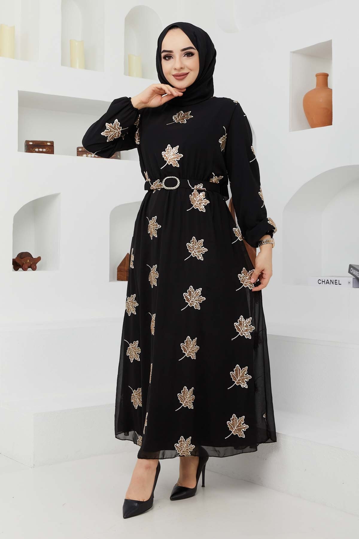 Yaprak Sifon Elbise - Kahve