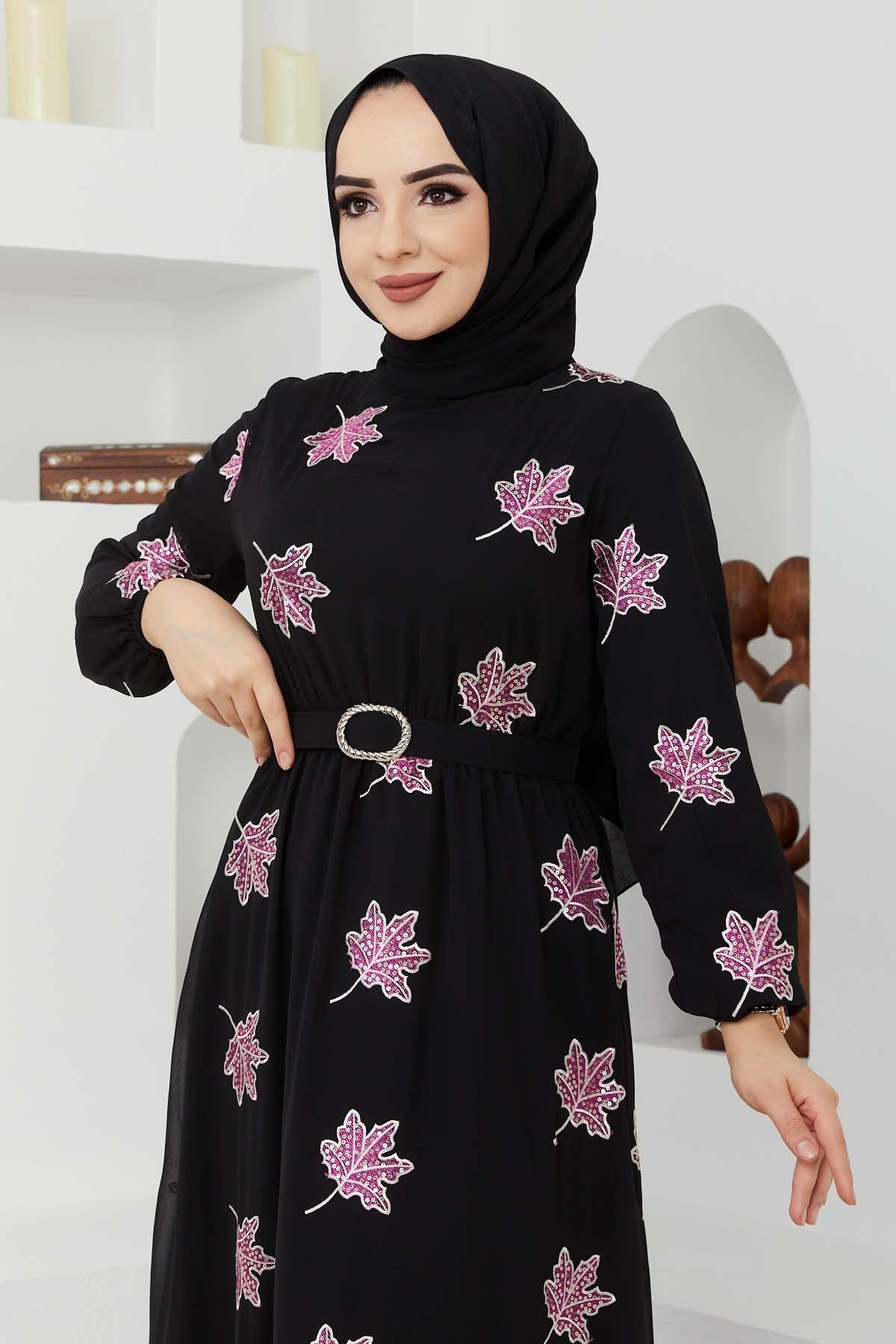 Yaprak Sifon Elbise - Fuşya