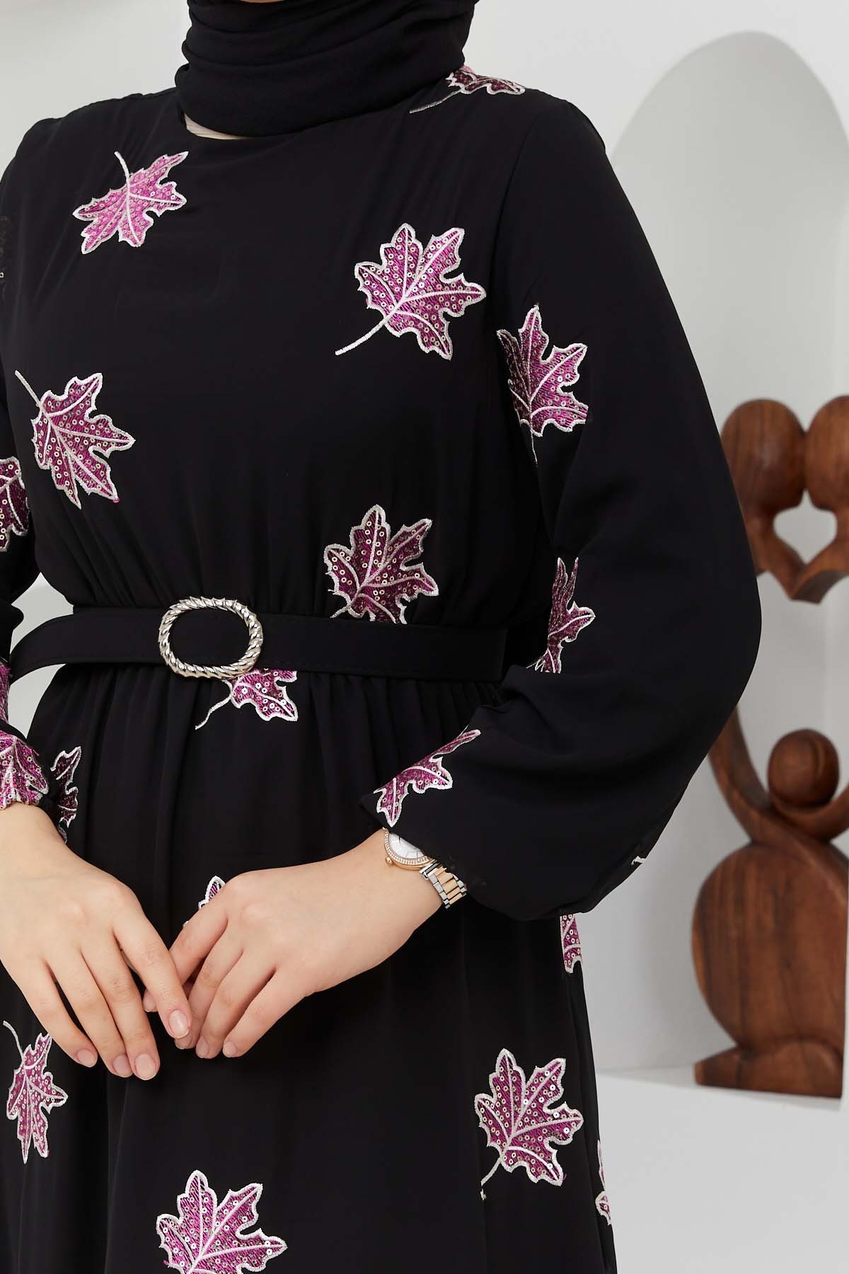 Yaprak Sifon Elbise - Fuşya