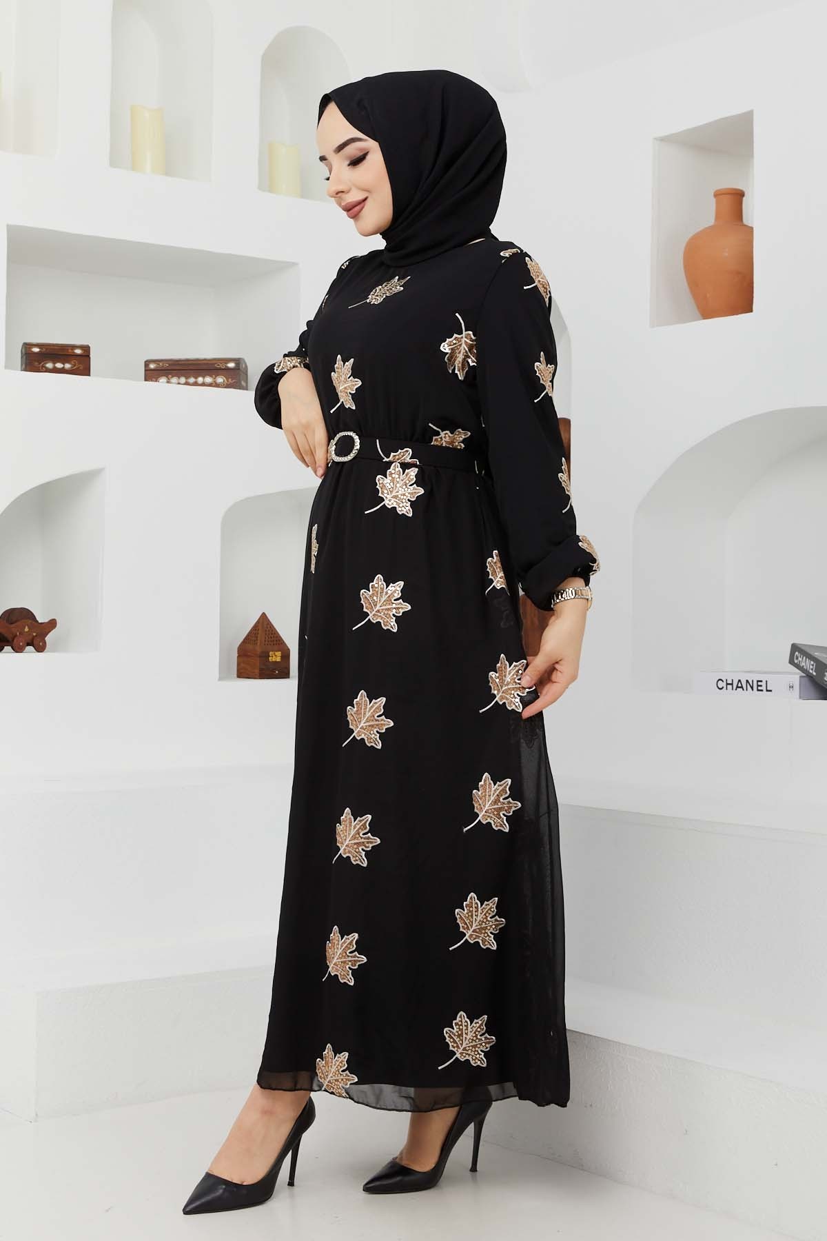 Yaprak Sifon Elbise - Kahve