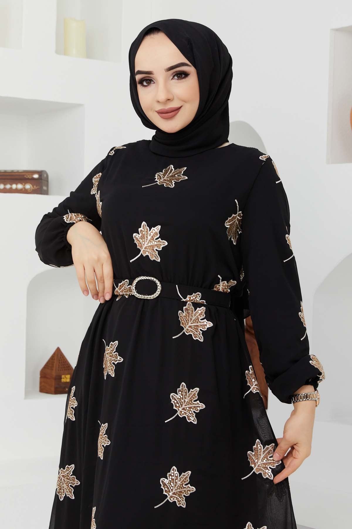 Yaprak Sifon Elbise - Kahve