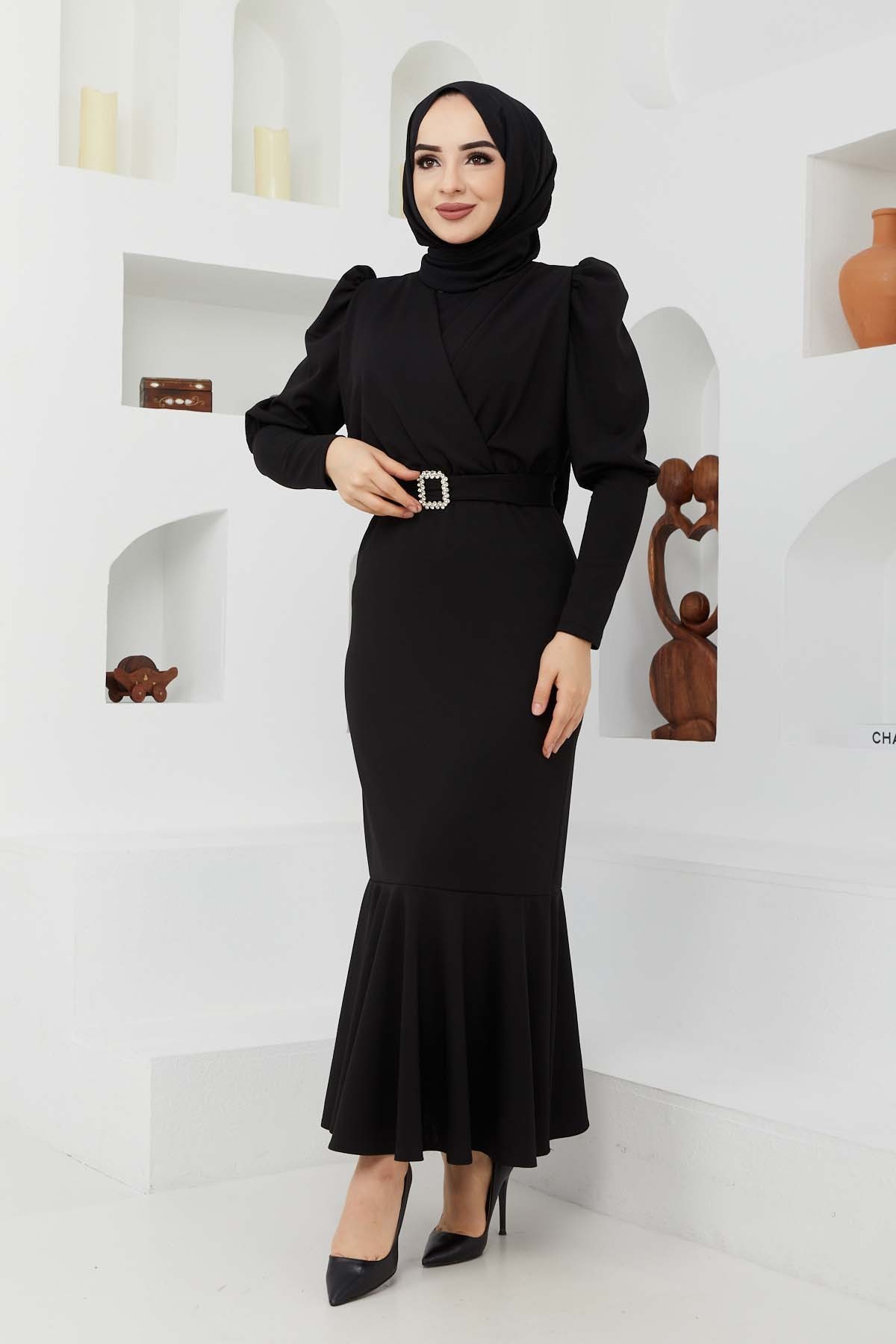 Kemer Taşlı Elbise - Siyah