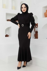 Kemer Taşlı Elbise - Siyah